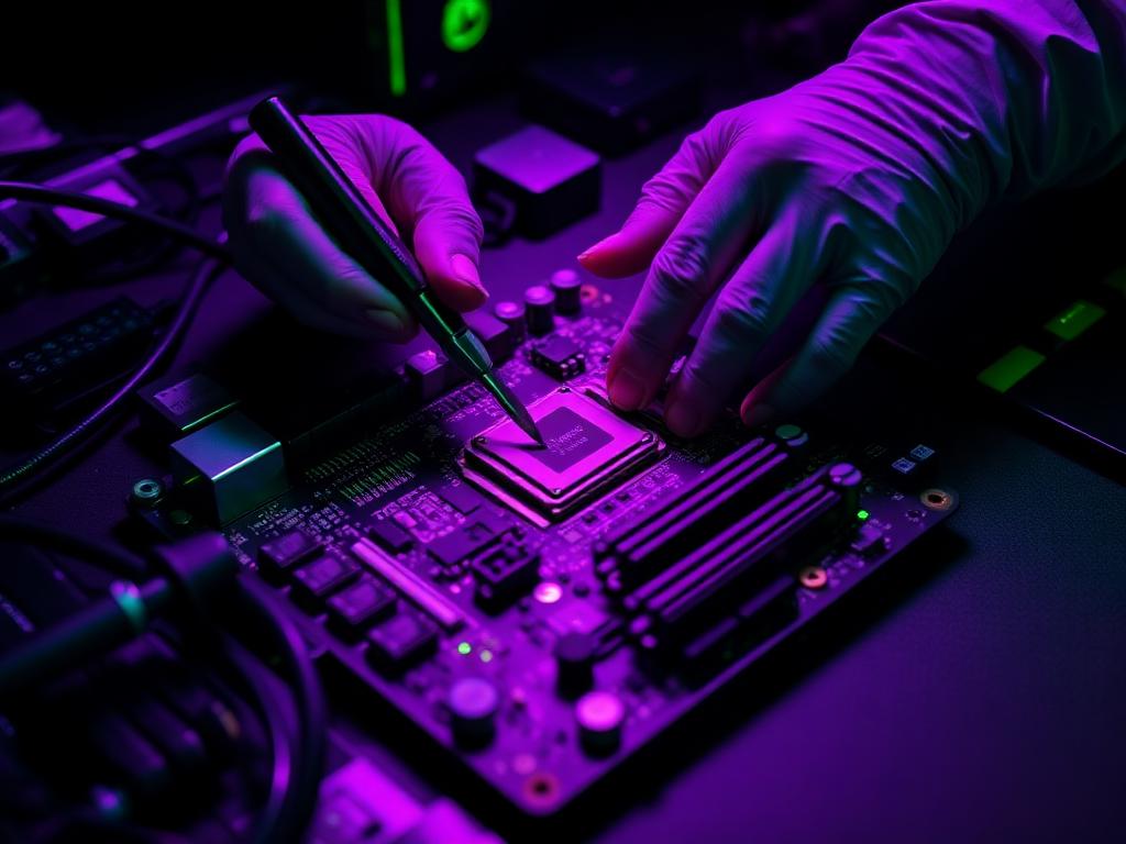 Tecnico al lavoro sulla scheda madre di un computer