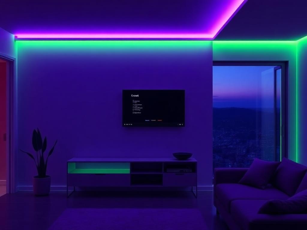 Salotto di una smart home con illuminazione e pannello di controllo domotico